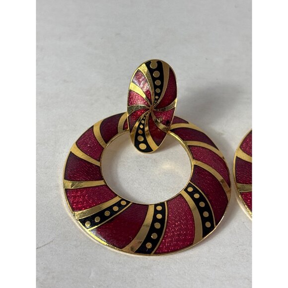 Vintage Red Black Goldtone Enamel Hoop Earrings 2.25 inches - Picture 2 of 5